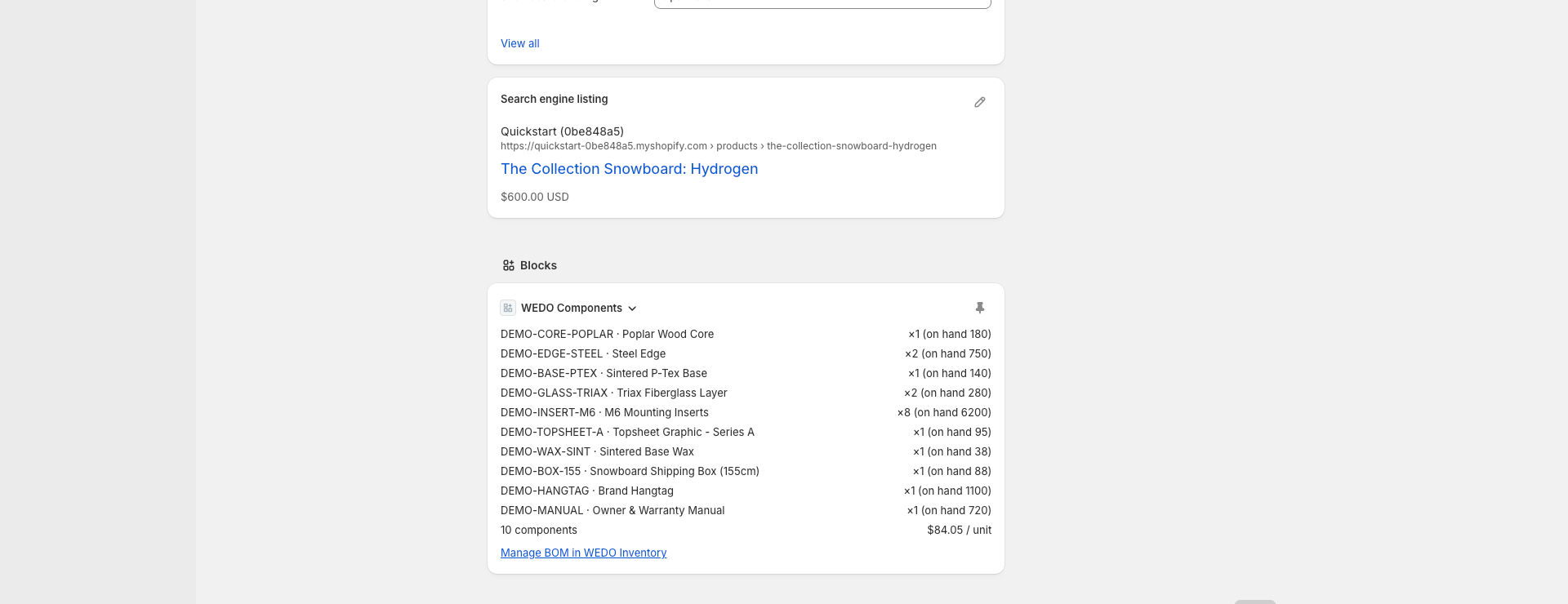 WEDO Components block on a Shopify product editor showing 10 snowboard manufacturing components with quantities and on-hand stock