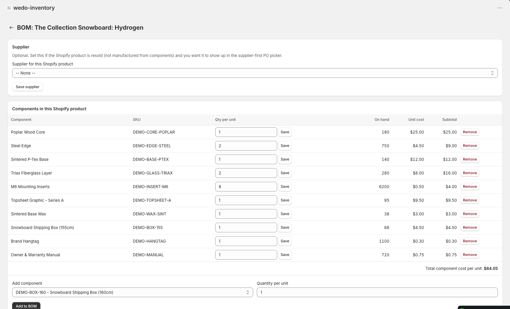 BOM editor showing 10 snowboard components with editable quantities and a supplier card