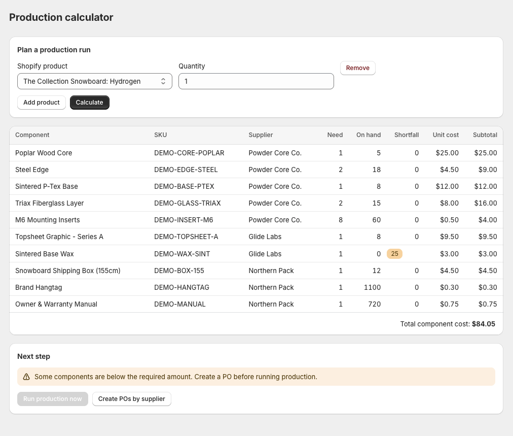 Production calculator showing required components, on-hand stock, shortfall, and per-row supplier for a planned snowboard run